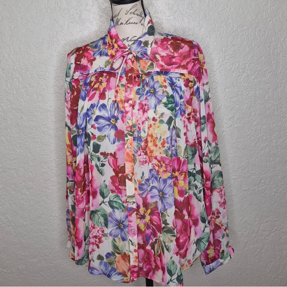 VICI Floral Tie Neck Sheer Button Down Blouse Pink Purple Orange Large